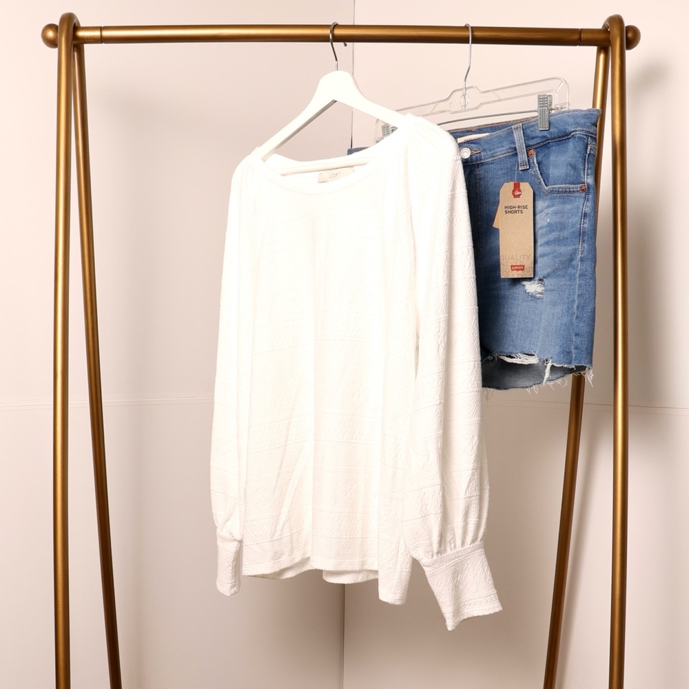 LOFT White Textured Knit Top w/ Balloon Sleeve. XL